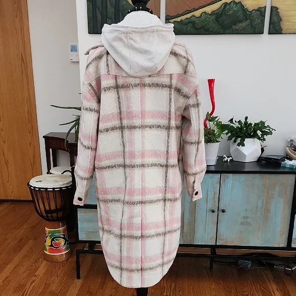 NEW - 7 FOR ALL MANKIND Pink & Cream Plaid Shacket Duster Coat - Picture 6 of 13